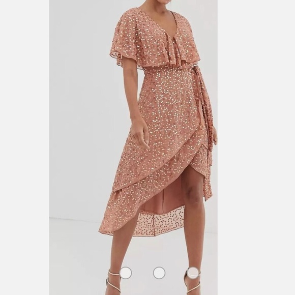 NWT ASOS DESIGN Elegant Polka Dot faux Wrap Dress in Maeve pink size 4 - Picture 1 of 16